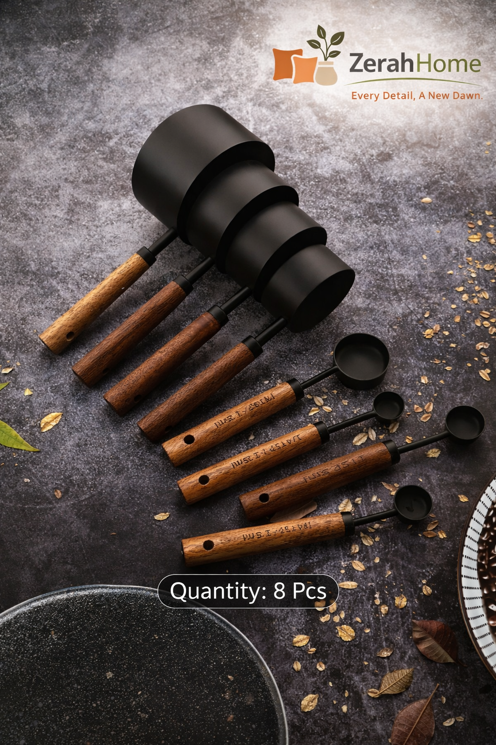 Black Measuring Cups -Wooden handle 8 pcs