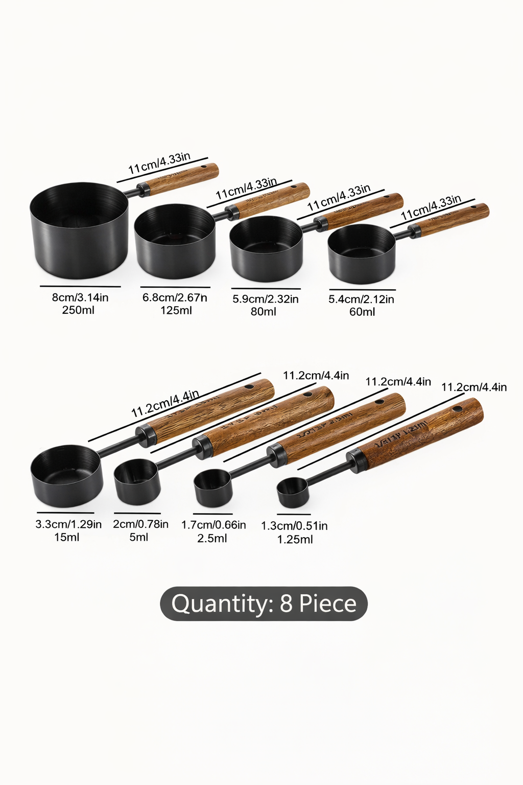 Black Measuring Cups -Wooden handle 8 pcs